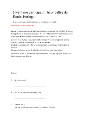 Formulaire (papier) inventaire hirondelles
