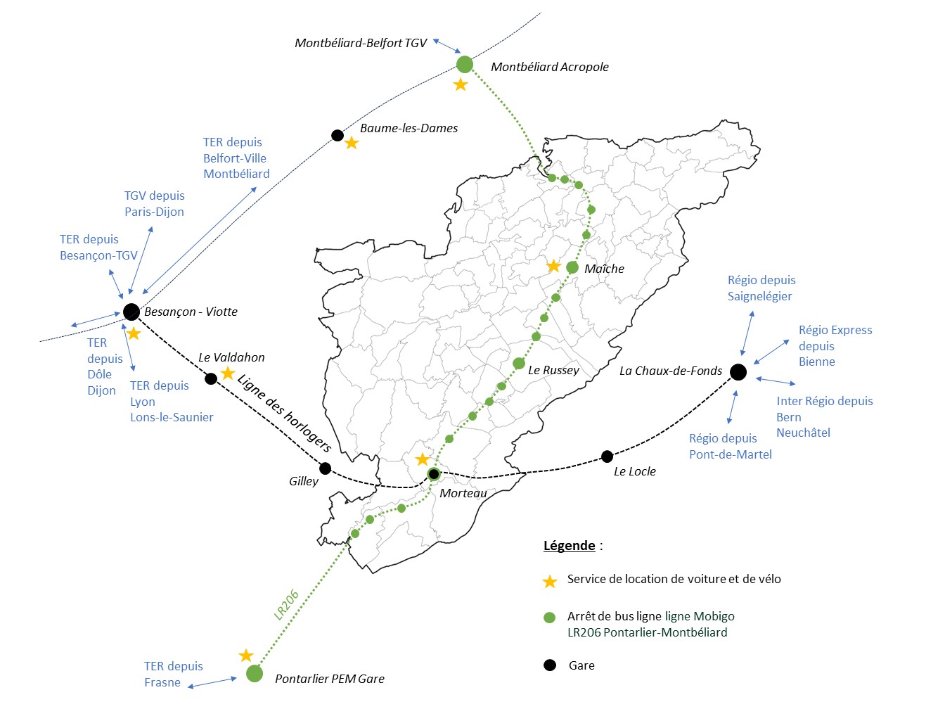 Carte des mobilités : accès Parc naturel régional du Doubs Horloger