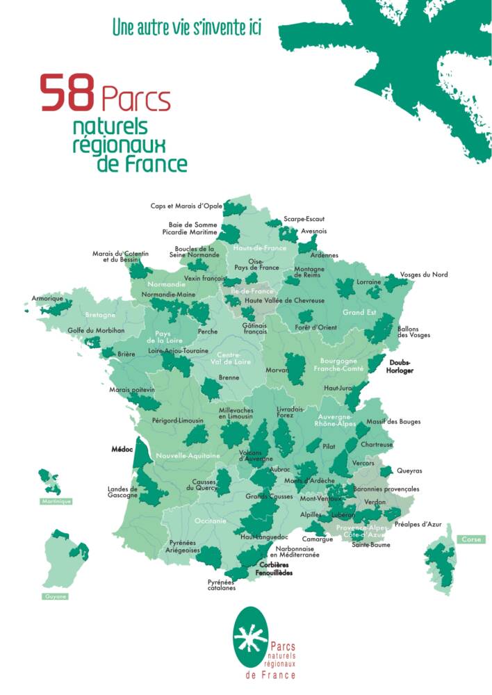 Carte des 58 Parcs naturels régionaux de France