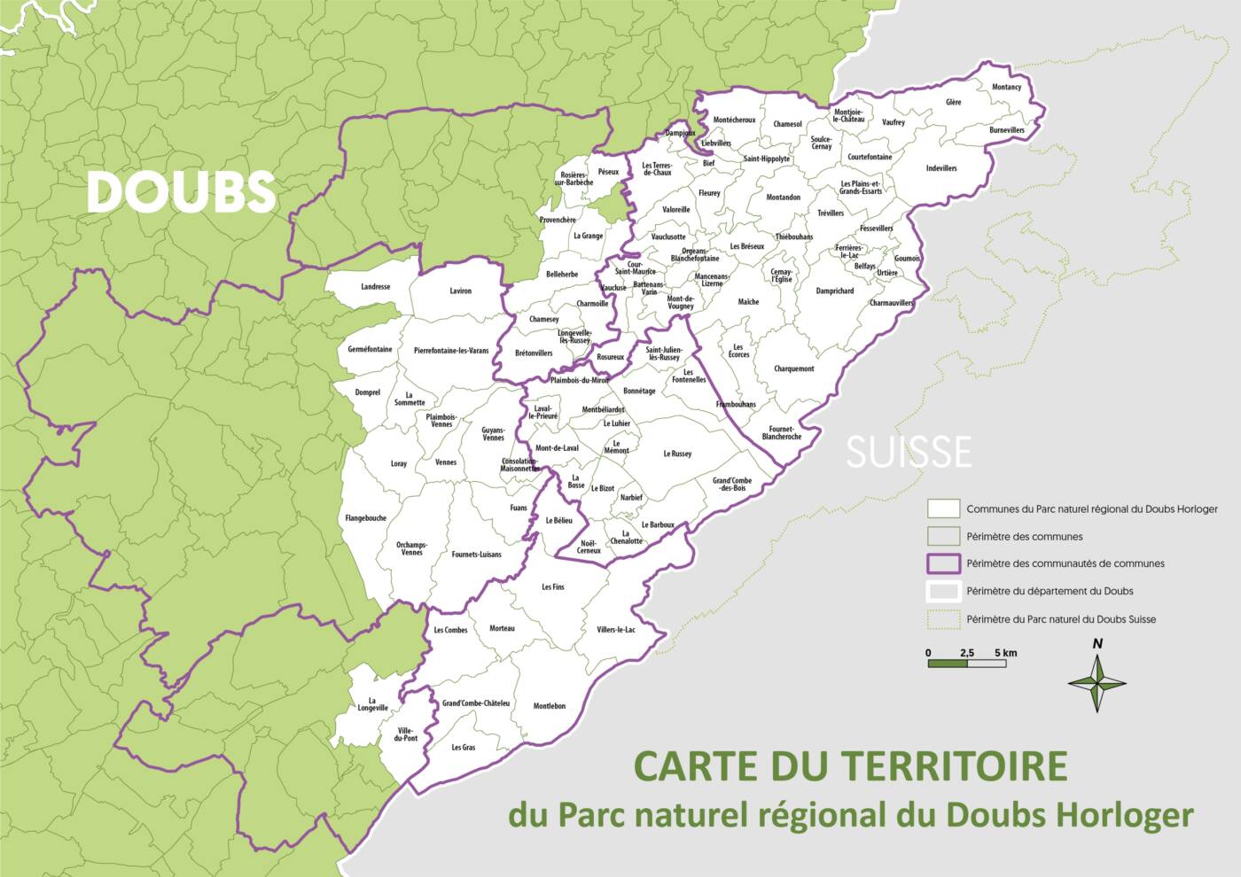 Carte territoire du Parc naturel régional du Doubs Horloger, 94 communes membres